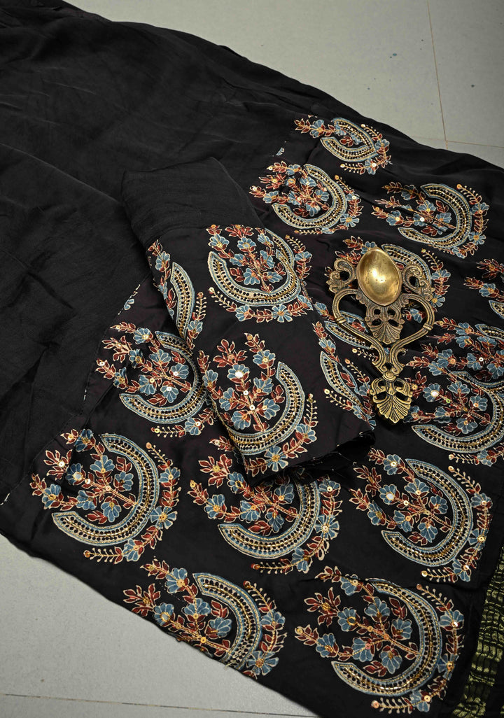 Black-Betel Nut Brown Block Print Half and Half Modal Silk Saree with Cutdana, Sequins, Mirror Hand Work and Lagda Patta Tissue Pallu | SHOBITAM