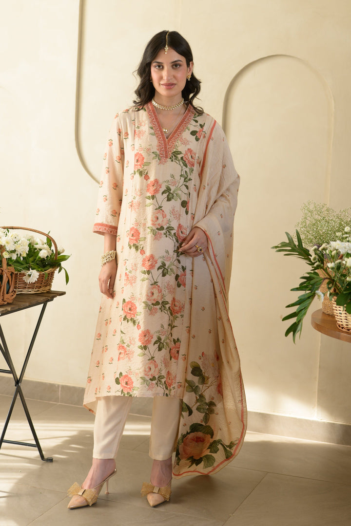Noorjahan A-Line Wrinkled Mul Chanderi Suit Set- SET OF-3 | SHOBITAM