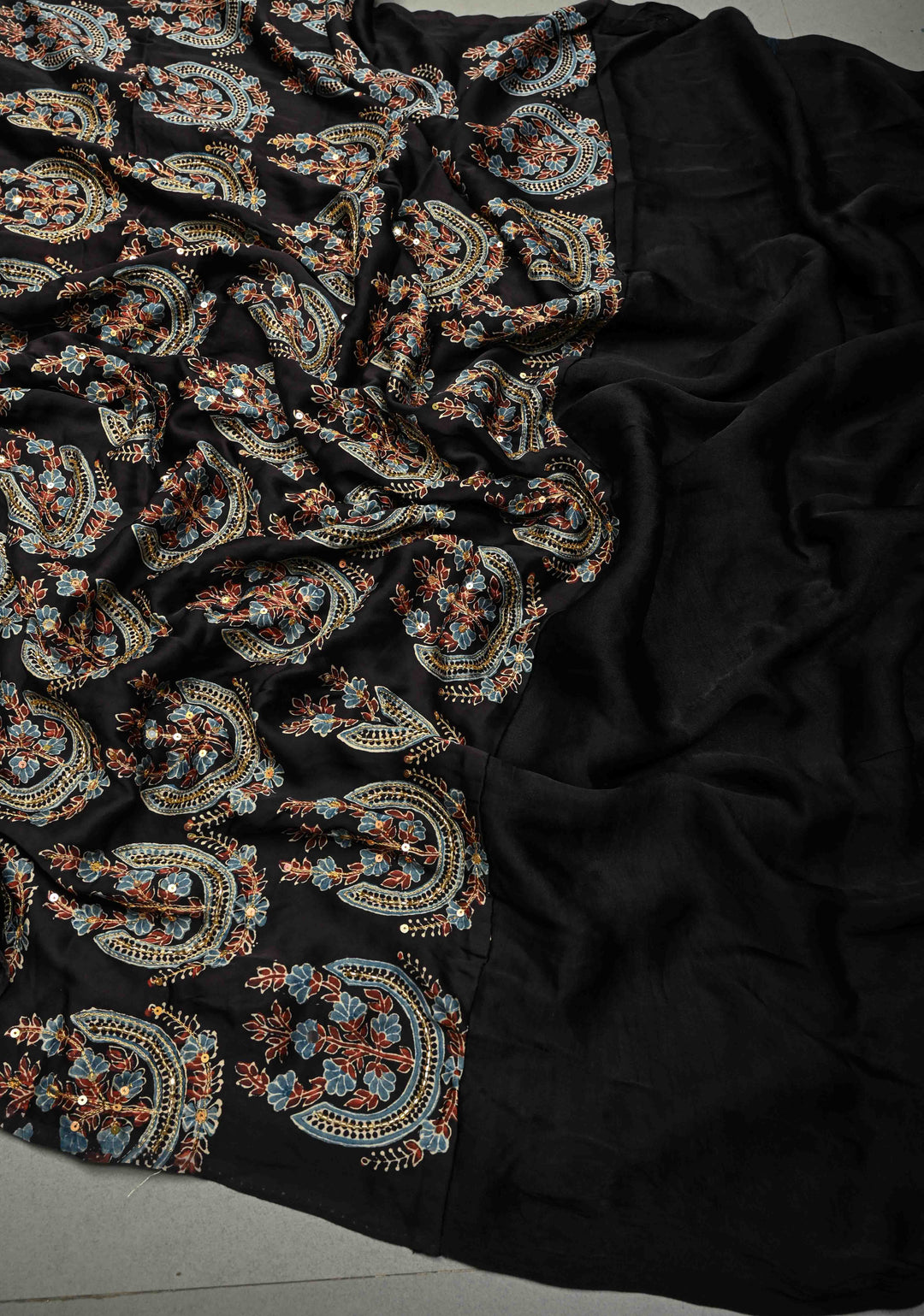Black-Betel Nut Brown Block Print Half and Half Modal Silk Saree with Cutdana, Sequins, Mirror Hand Work and Lagda Patta Tissue Pallu | SHOBITAM