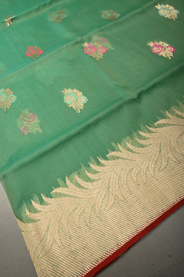 Sea Green Banarasi Kora Silk Saree with Meenakari Floral Zari Buttas and Zari Border| SILK MARK CERTIFIED | SHOBITAM