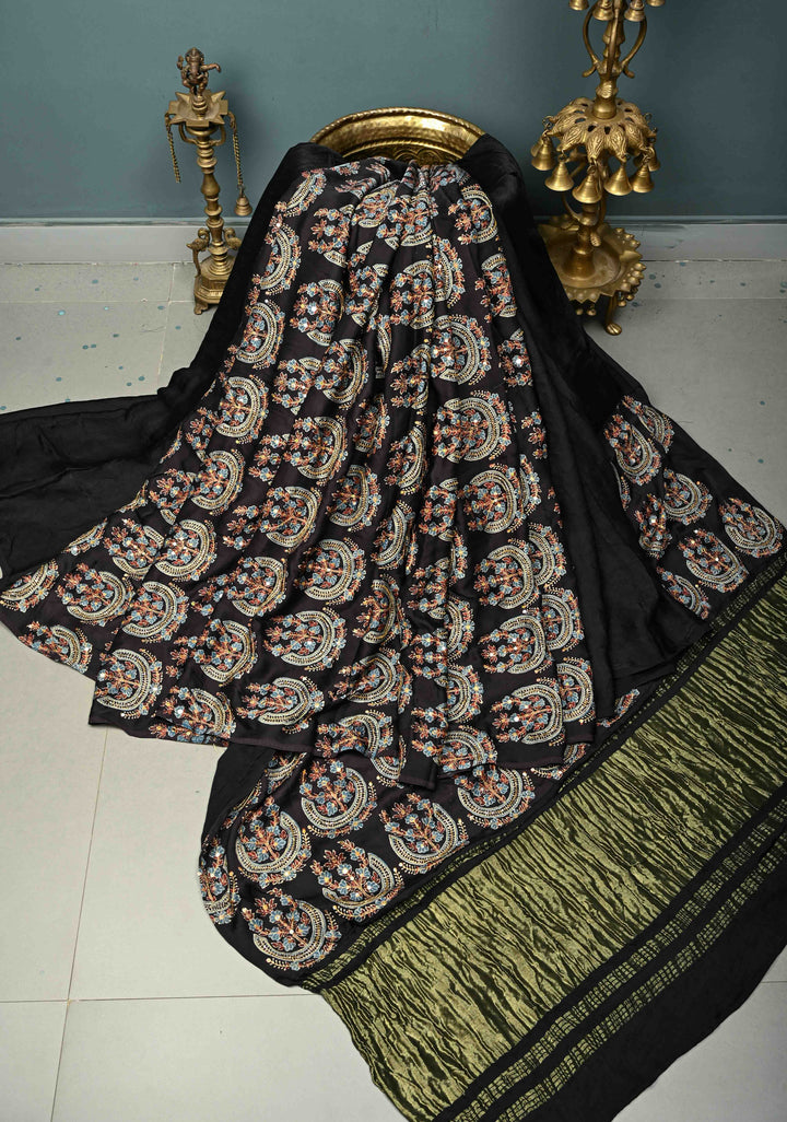 Black-Betel Nut Brown Block Print Half and Half Modal Silk Saree with Cutdana, Sequins, Mirror Hand Work and Lagda Patta Tissue Pallu | SHOBITAM
