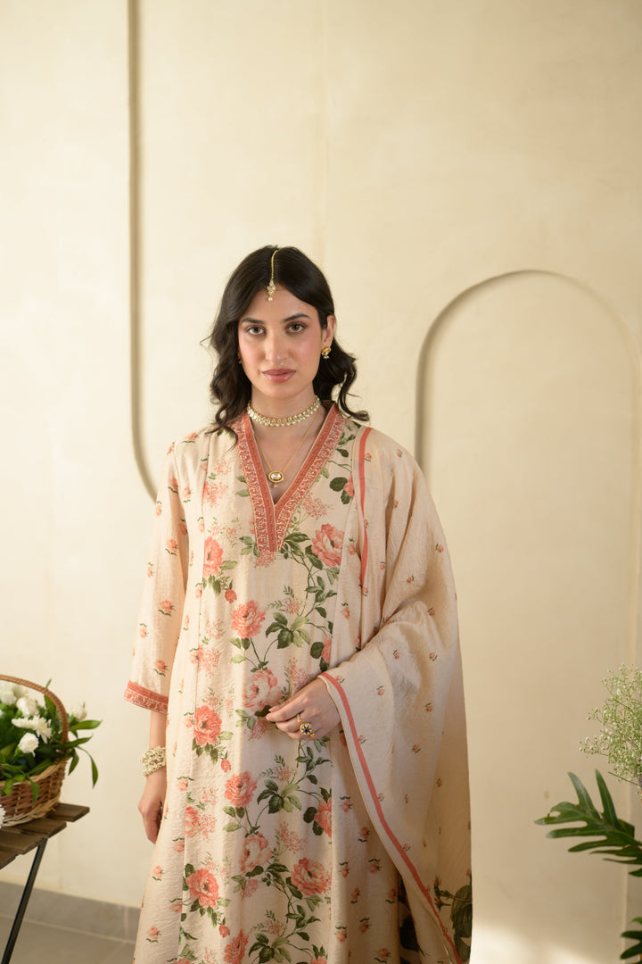 Noorjahan A-Line Wrinkled Mul Chanderi Suit Set- SET OF-3 | SHOBITAM