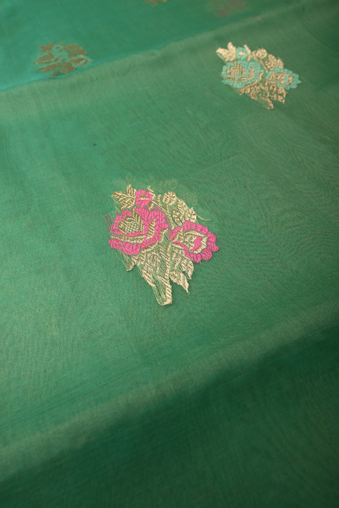 Sea Green Banarasi Kora Silk Saree with Meenakari Floral Zari Buttas and Zari Border| SILK MARK CERTIFIED | SHOBITAM