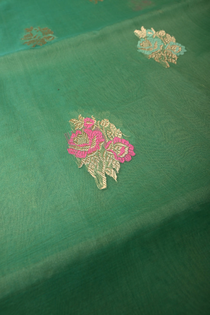 Sea Green Banarasi Kora Silk Saree with Meenakari Floral Zari Buttas and Zari Border| SILK MARK CERTIFIED | SHOBITAM