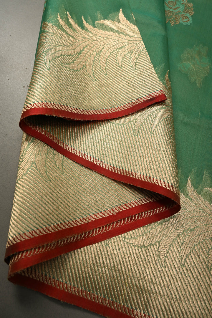 Sea Green Banarasi Kora Silk Saree with Meenakari Floral Zari Buttas and Zari Border| SILK MARK CERTIFIED | SHOBITAM