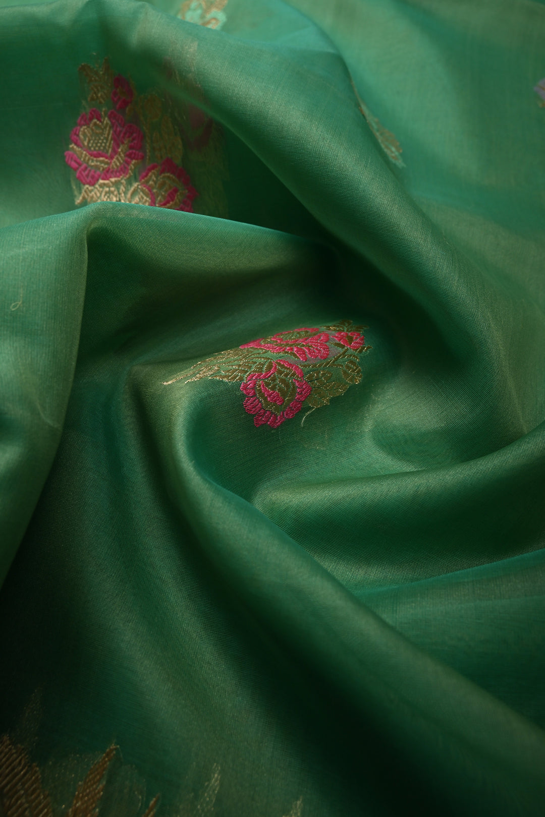 Sea Green Banarasi Kora Silk Saree with Meenakari Floral Zari Buttas and Zari Border| SILK MARK CERTIFIED | SHOBITAM