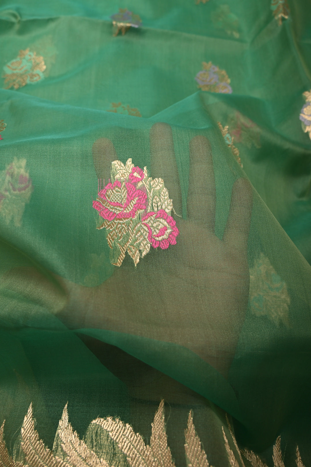 Sea Green Banarasi Kora Silk Saree with Meenakari Floral Zari Buttas and Zari Border| SILK MARK CERTIFIED | SHOBITAM