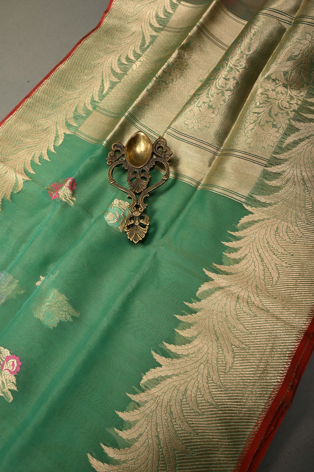 Sea Green Banarasi Kora Silk Saree with Meenakari Floral Zari Buttas and Zari Border| SILK MARK CERTIFIED | SHOBITAM