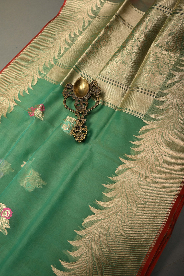 Sea Green Banarasi Kora Silk Saree with Meenakari Floral Zari Buttas and Zari Border| SILK MARK CERTIFIED | SHOBITAM