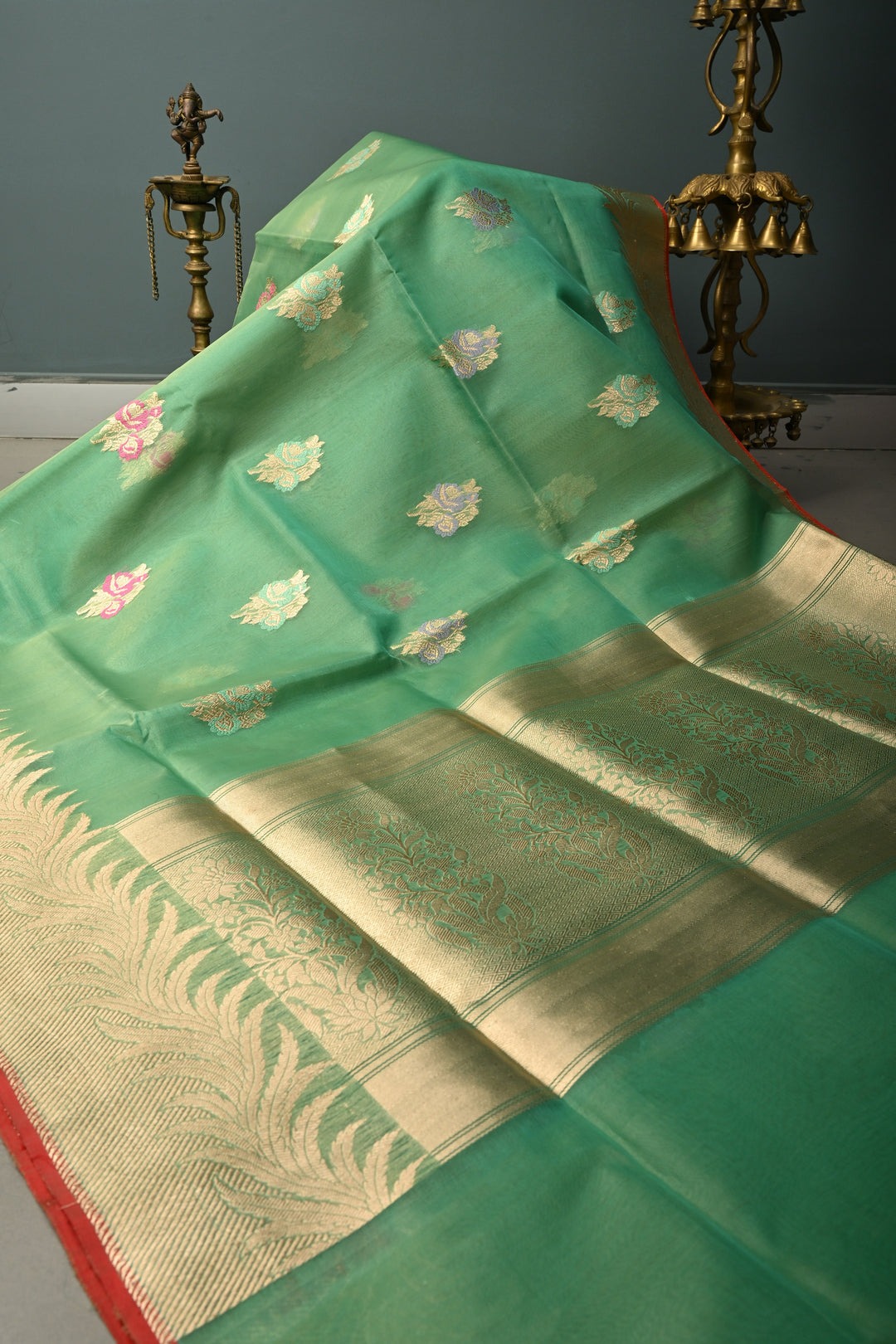 Sea Green Banarasi Kora Silk Saree with Meenakari Floral Zari Buttas and Zari Border| SILK MARK CERTIFIED | SHOBITAM