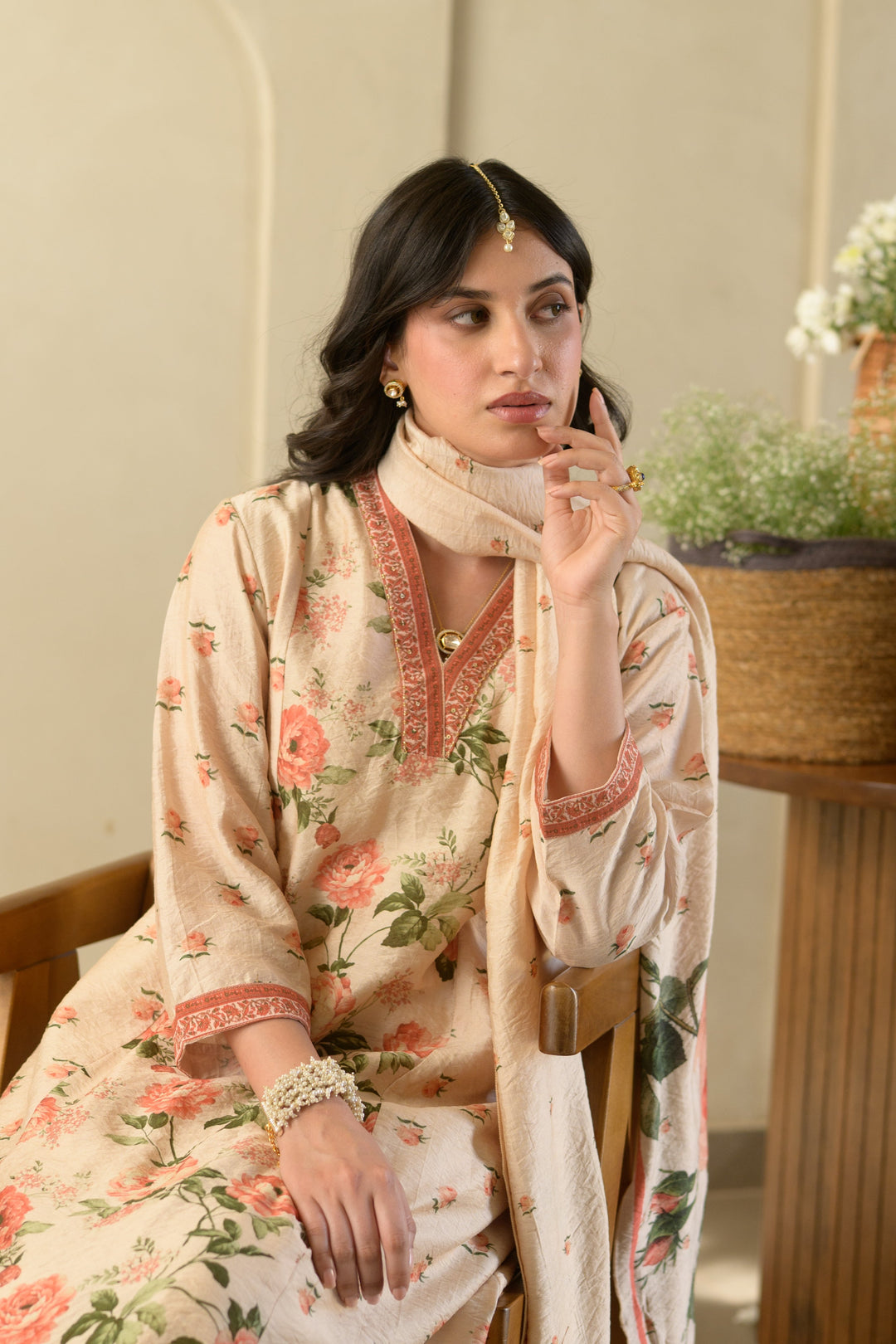 Noorjahan A-Line Wrinkled Mul Chanderi Suit Set- SET OF-3 | SHOBITAM