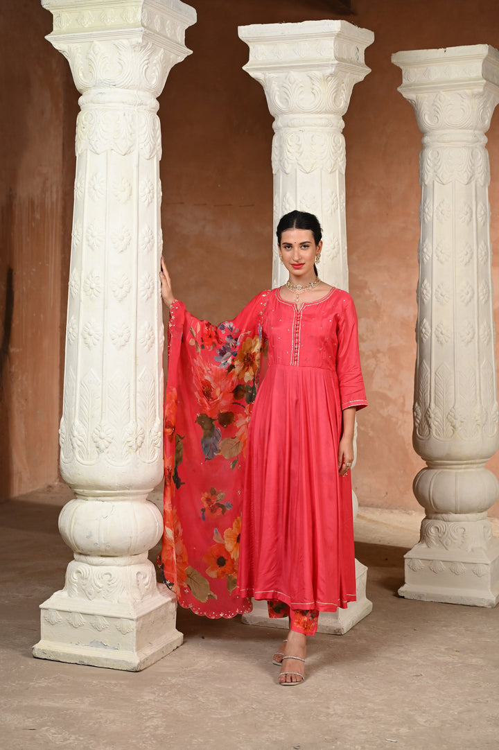 Pink Zubeidaa Muslin Anarkali Suit Set with Organza Floral Dupatta - SET OF-3 | SHOBITAM