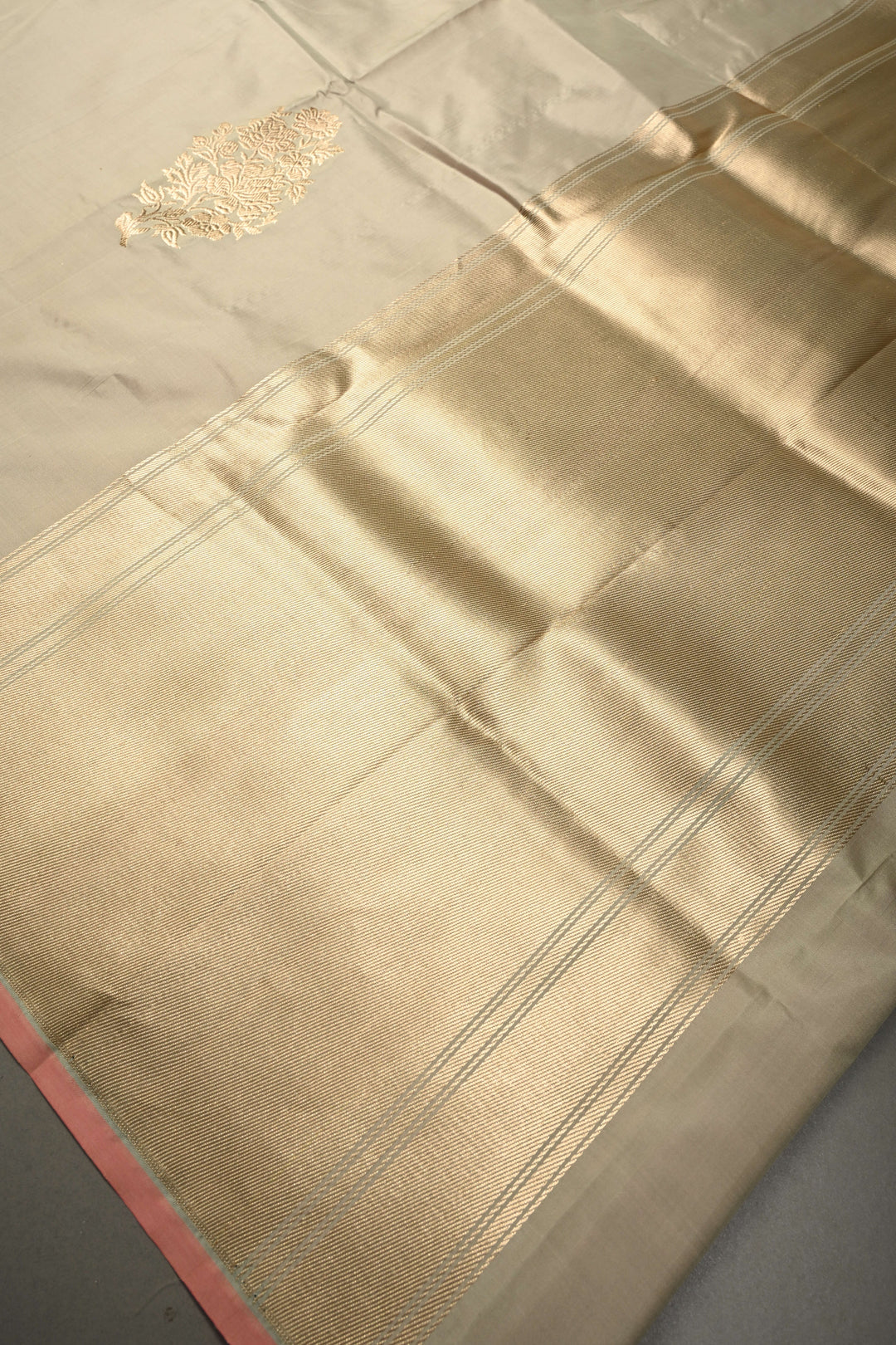 Green-Pink Dual Tone Pure Banarasi Katan Silk Saree with Gold-Silver Floral Zari Buttas and Minimal Border | SILK MARK CERTIFIED | SHOBITAM