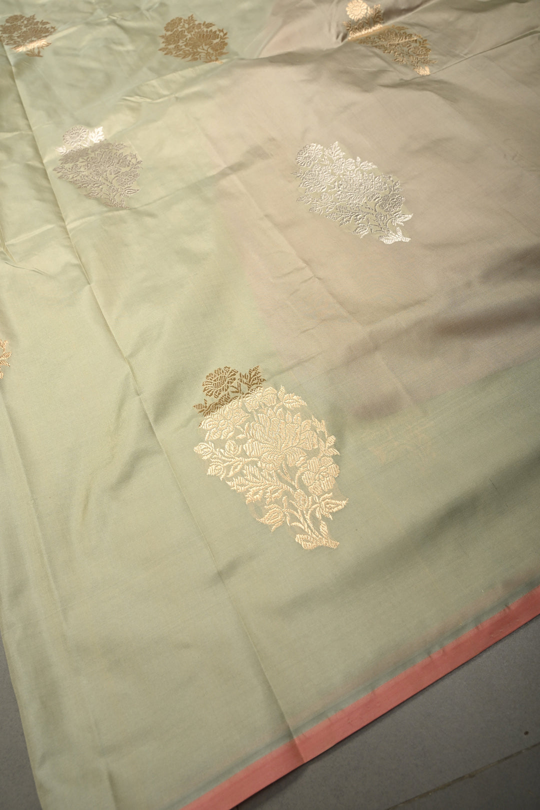Green-Pink Dual Tone Pure Banarasi Katan Silk Saree with Gold-Silver Floral Zari Buttas and Minimal Border | SILK MARK CERTIFIED | SHOBITAM