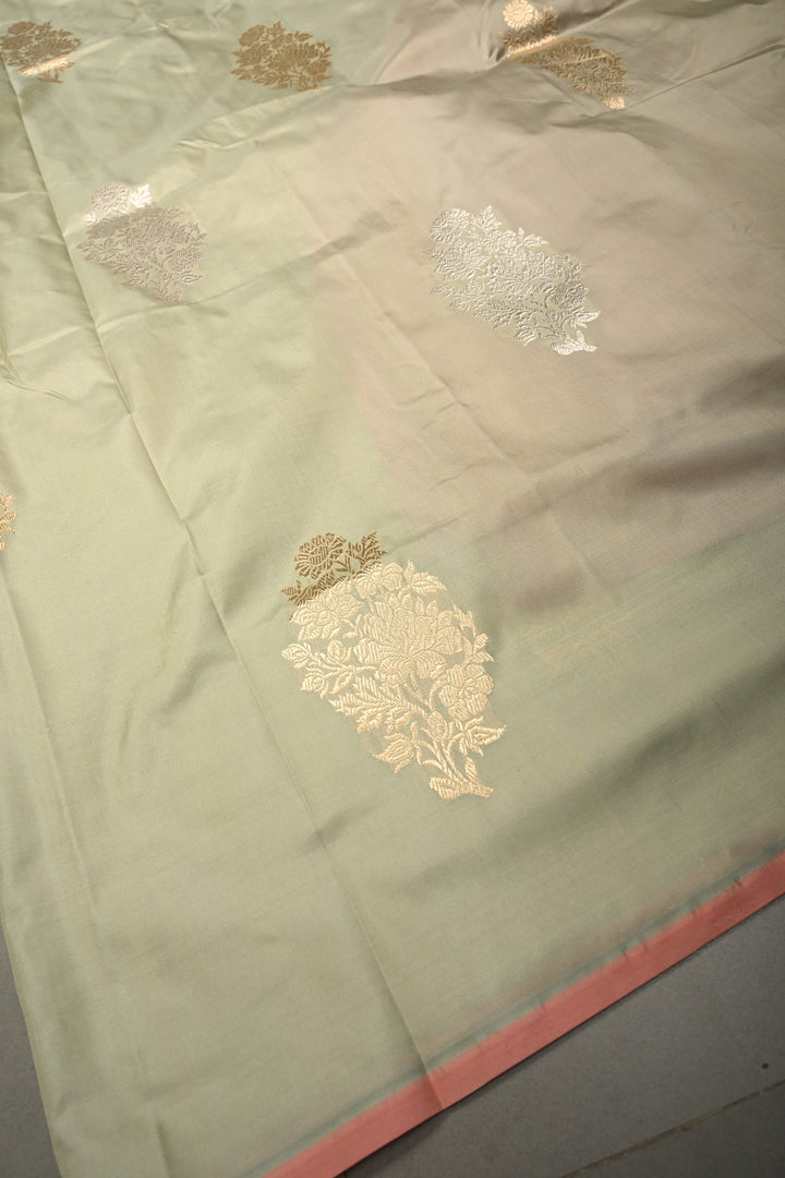 Green-Pink Dual Tone Pure Banarasi Katan Silk Saree with Gold-Silver Floral Zari Buttas and Minimal Border | SILK MARK CERTIFIED | SHOBITAM