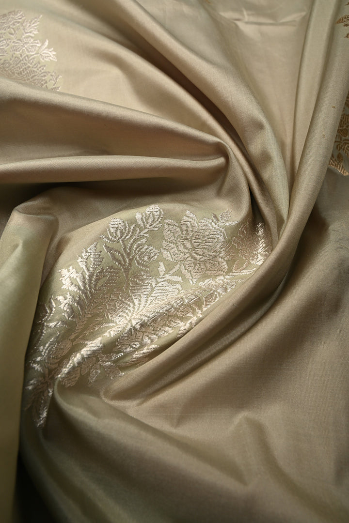 Green-Pink Dual Tone Pure Banarasi Katan Silk Saree with Gold-Silver Floral Zari Buttas and Minimal Border | SILK MARK CERTIFIED | SHOBITAM