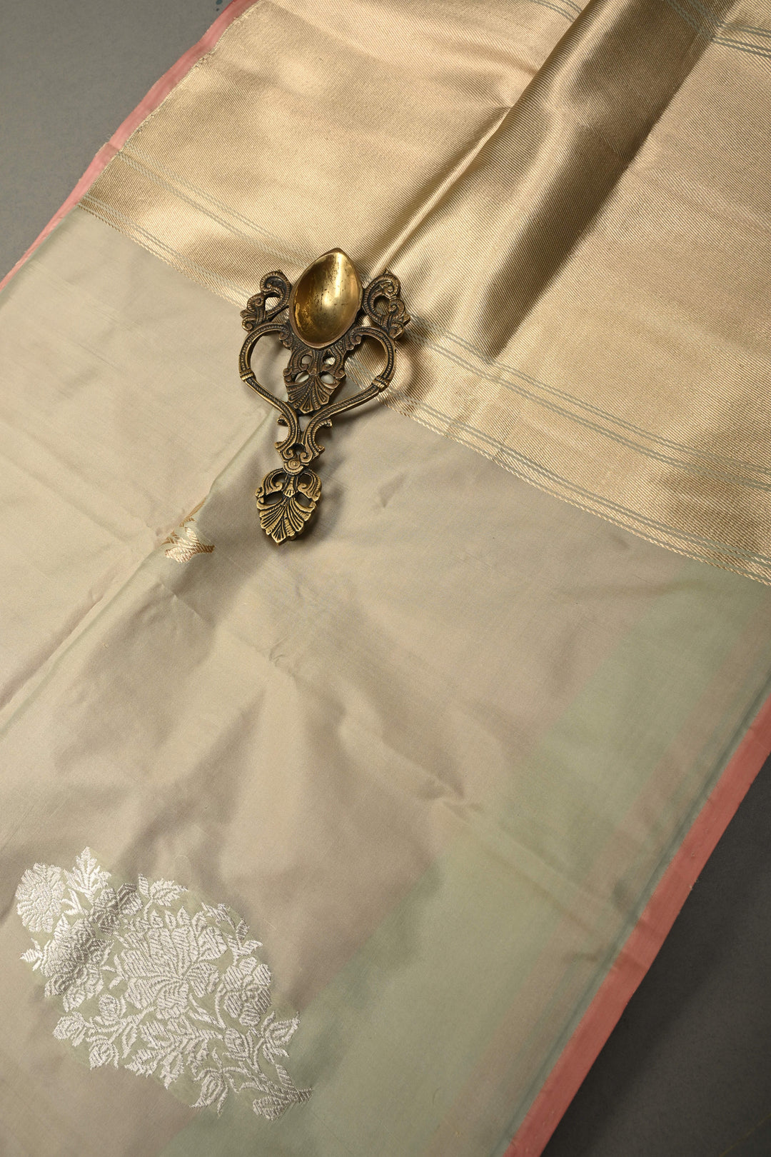 Green-Pink Dual Tone Pure Banarasi Katan Silk Saree with Gold-Silver Floral Zari Buttas and Minimal Border | SILK MARK CERTIFIED | SHOBITAM