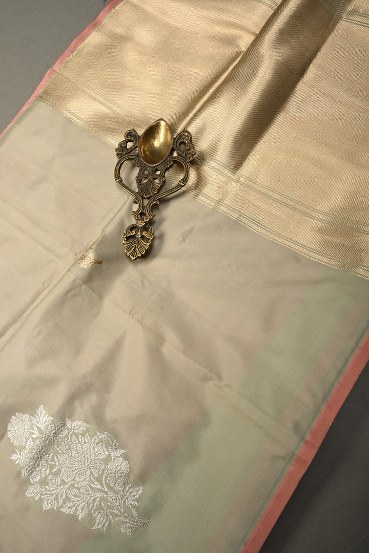Green-Pink Dual Tone Pure Banarasi Katan Silk Saree with Gold-Silver Floral Zari Buttas and Minimal Border | SILK MARK CERTIFIED | SHOBITAM