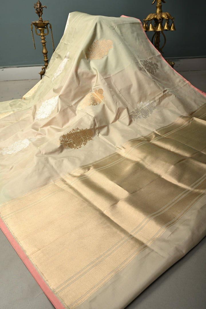 Green-Pink Dual Tone Pure Banarasi Katan Silk Saree with Gold-Silver Floral Zari Buttas and Minimal Border | SILK MARK CERTIFIED | SHOBITAM
