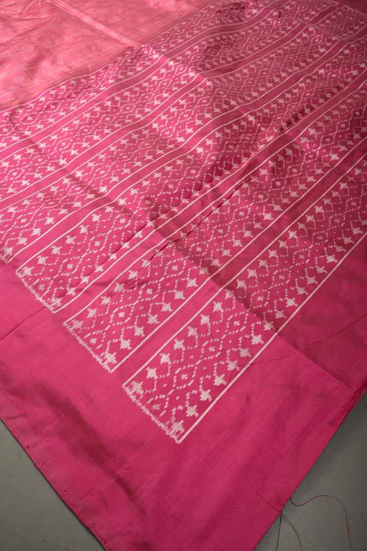French Rose Checks on Pochampally Ikkat Pure Silk Saree with Buttas and Contrast Border  | SILK MARK CERTIFIED | SHOBITAM