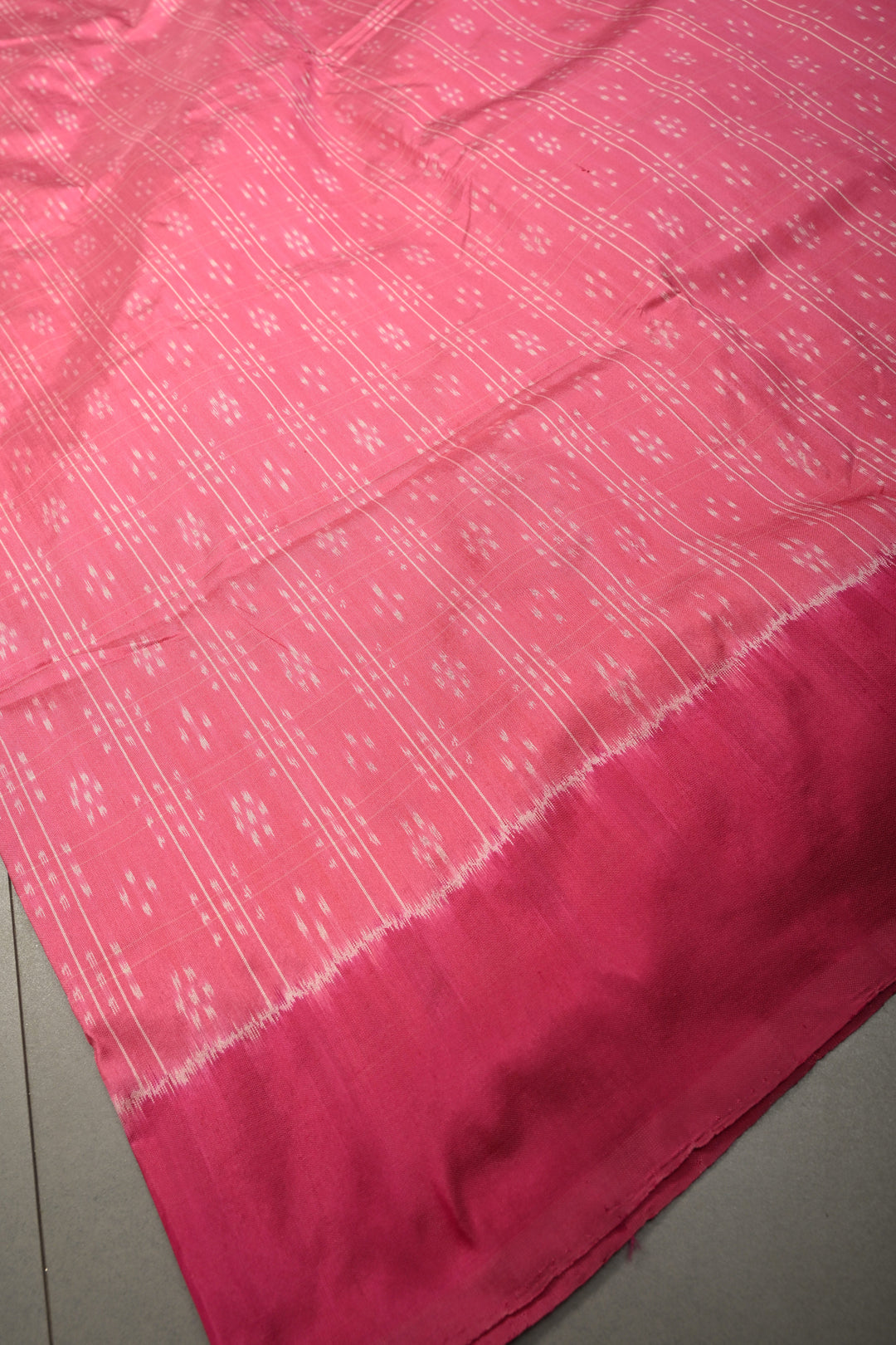 French Rose Checks on Pochampally Ikkat Pure Silk Saree with Buttas and Contrast Border  | SILK MARK CERTIFIED | SHOBITAM