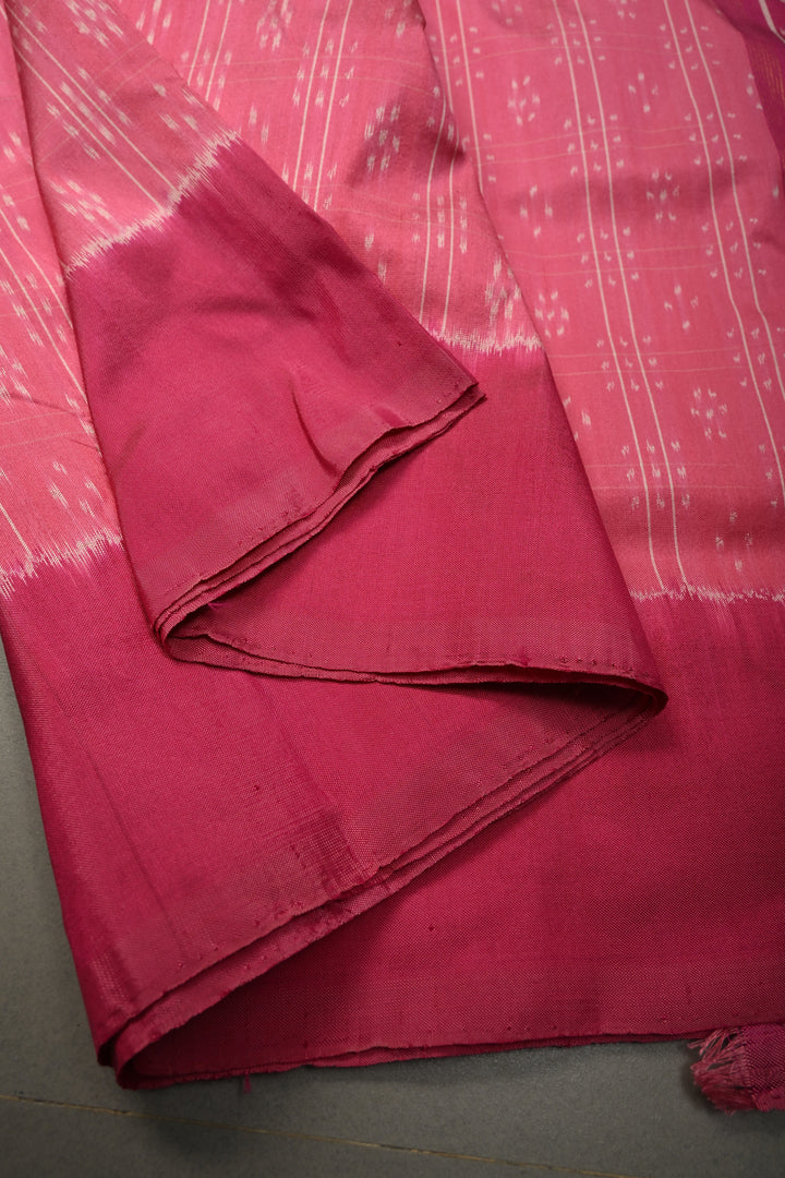 French Rose Checks on Pochampally Ikkat Pure Silk Saree with Buttas and Contrast Border  | SILK MARK CERTIFIED | SHOBITAM