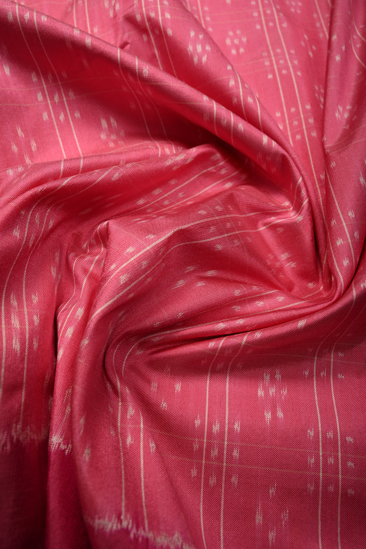 French Rose Checks on Pochampally Ikkat Pure Silk Saree with Buttas and Contrast Border  | SILK MARK CERTIFIED | SHOBITAM