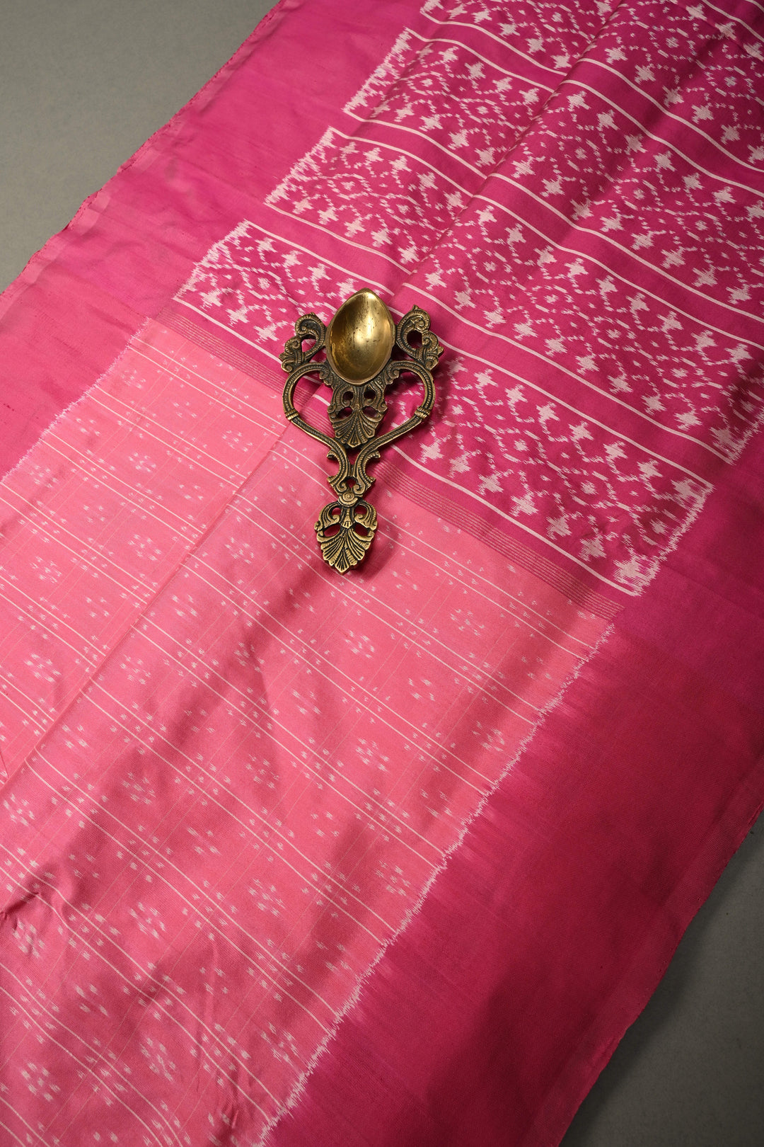 French Rose Checks on Pochampally Ikkat Pure Silk Saree with Buttas and Contrast Border  | SILK MARK CERTIFIED | SHOBITAM