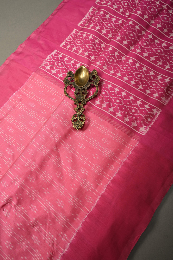 French Rose Checks on Pochampally Ikkat Pure Silk Saree with Buttas and Contrast Border  | SILK MARK CERTIFIED | SHOBITAM