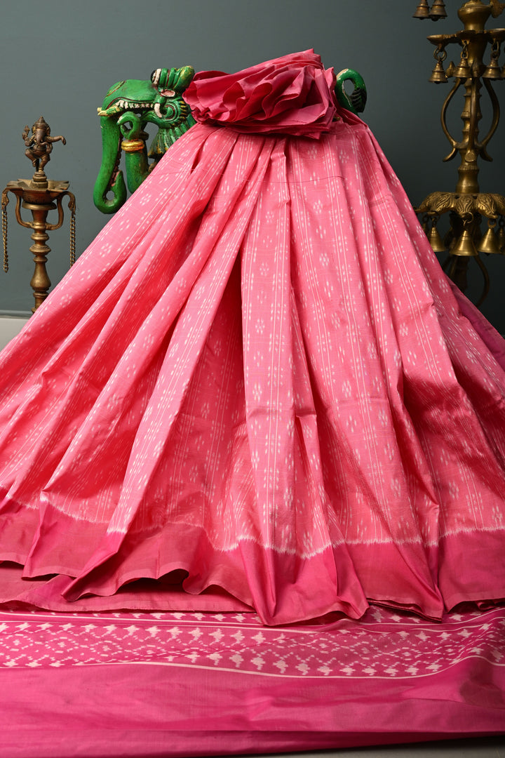 French Rose Checks on Pochampally Ikkat Pure Silk Saree with Buttas and Contrast Border  | SILK MARK CERTIFIED | SHOBITAM