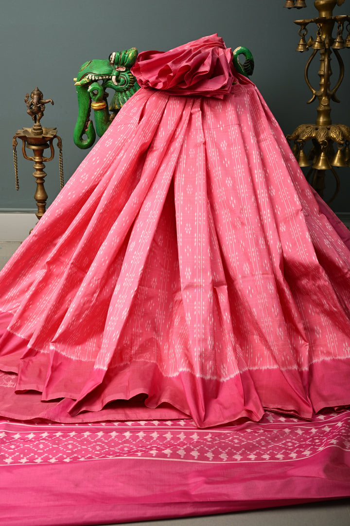 French Rose Checks on Pochampally Ikkat Pure Silk Saree with Buttas and Contrast Border  | SILK MARK CERTIFIED | SHOBITAM