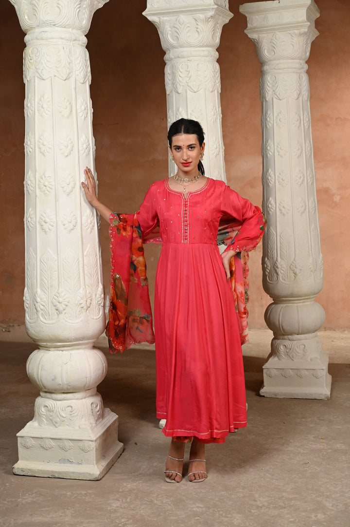 Pink Zubeidaa Muslin Anarkali Suit Set with Organza Floral Dupatta - SET OF-3 | SHOBITAM