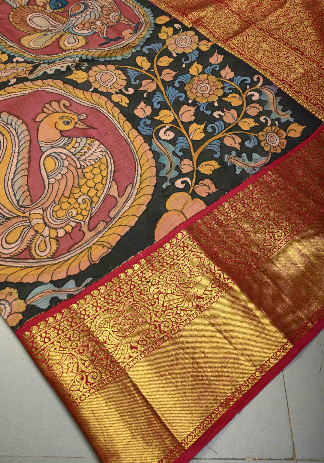 Peacock and Floral Theme : Authentic Pen Kalamkari Handpainted on Pure Kanjivaram Silk Saree with Contrast Wide Zari Border | SILK MARK CERTIFIED | SHOBITAM
