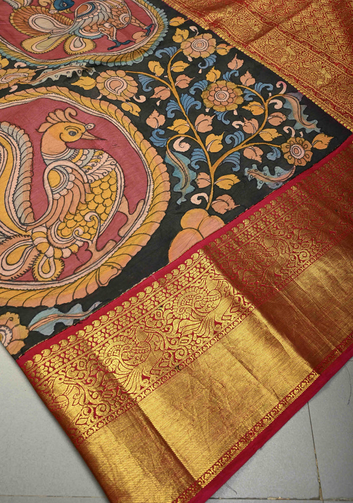 Peacock and Floral Theme : Authentic Pen Kalamkari Handpainted on Pure Kanjivaram Silk Saree with Contrast Wide Zari Border | SILK MARK CERTIFIED | SHOBITAM