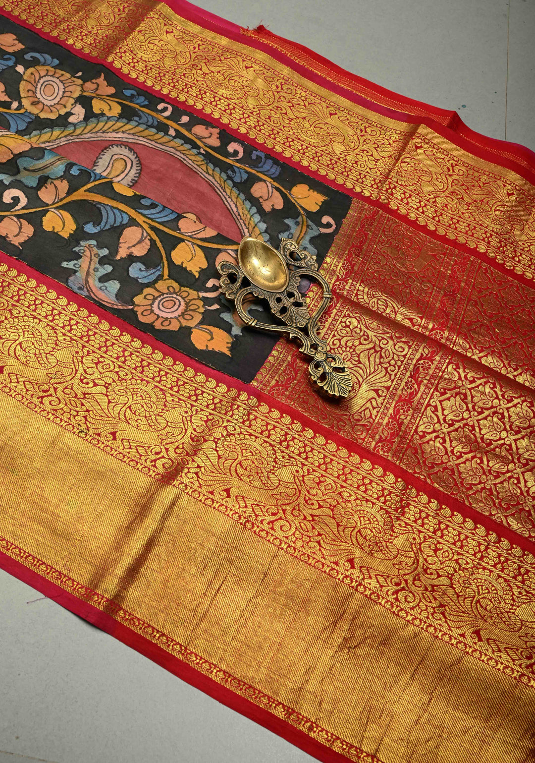 Peacock and Floral Theme : Authentic Pen Kalamkari Handpainted on Pure Kanjivaram Silk Saree with Contrast Wide Zari Border | SILK MARK CERTIFIED | SHOBITAM