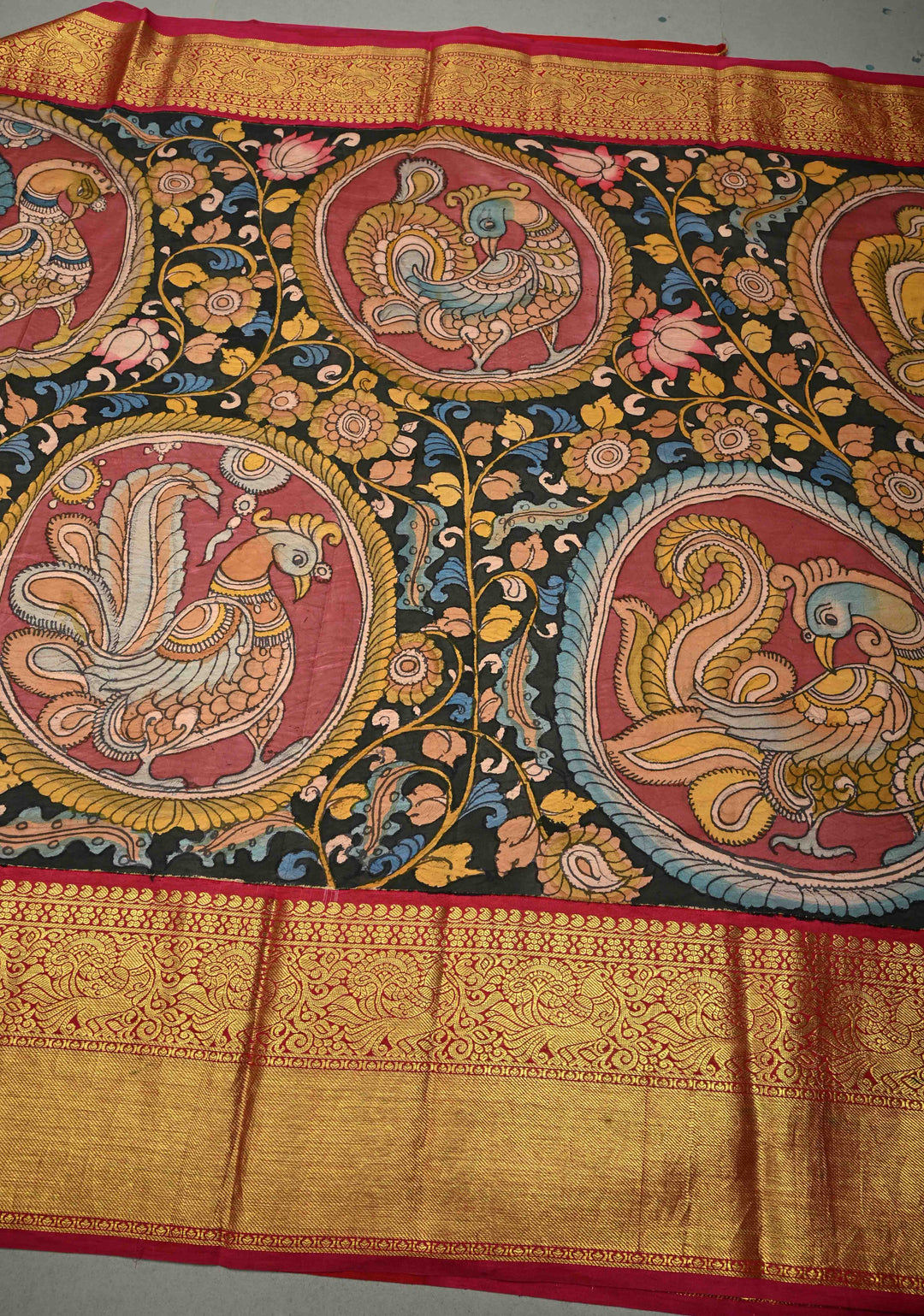 Peacock and Floral Theme : Authentic Pen Kalamkari Handpainted on Pure Kanjivaram Silk Saree with Contrast Wide Zari Border | SILK MARK CERTIFIED | SHOBITAM