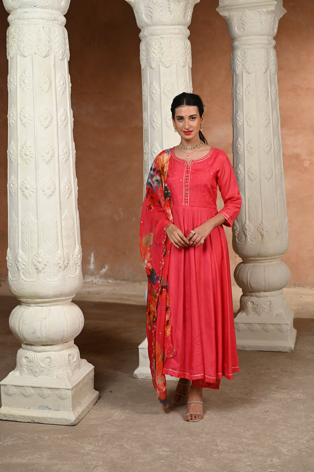 Pink Zubeidaa Muslin Anarkali Suit Set with Organza Floral Dupatta - SET OF-3 | SHOBITAM