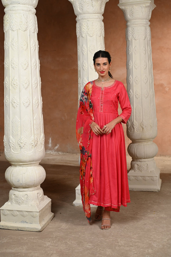 Pink Zubeidaa Muslin Anarkali Suit Set with Organza Floral Dupatta - SET OF-3 | SHOBITAM