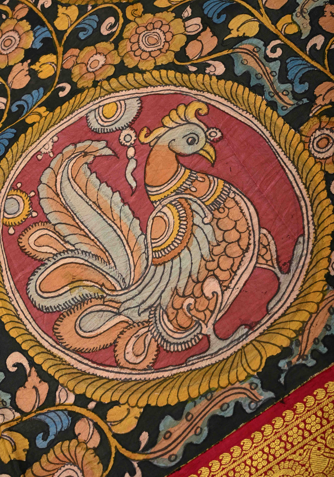 Peacock and Floral Theme : Authentic Pen Kalamkari Handpainted on Pure Kanjivaram Silk Saree with Contrast Wide Zari Border | SILK MARK CERTIFIED | SHOBITAM