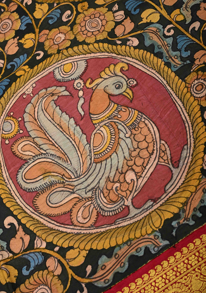 Peacock and Floral Theme : Authentic Pen Kalamkari Handpainted on Pure Kanjivaram Silk Saree with Contrast Wide Zari Border | SILK MARK CERTIFIED | SHOBITAM