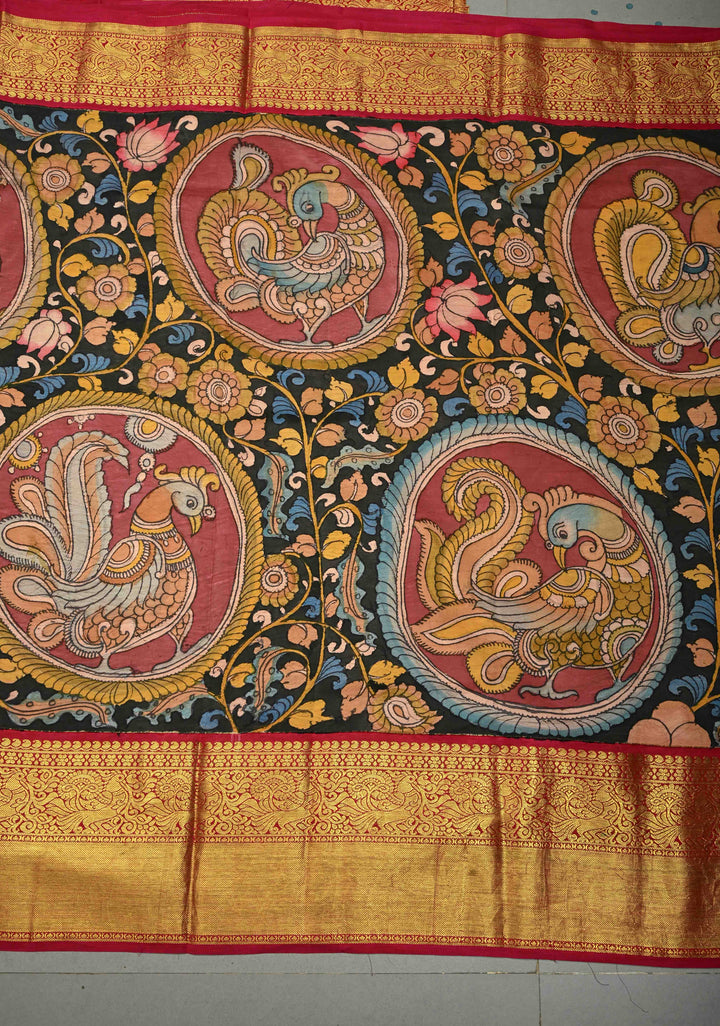 Peacock and Floral Theme : Authentic Pen Kalamkari Handpainted on Pure Kanjivaram Silk Saree with Contrast Wide Zari Border | SILK MARK CERTIFIED | SHOBITAM
