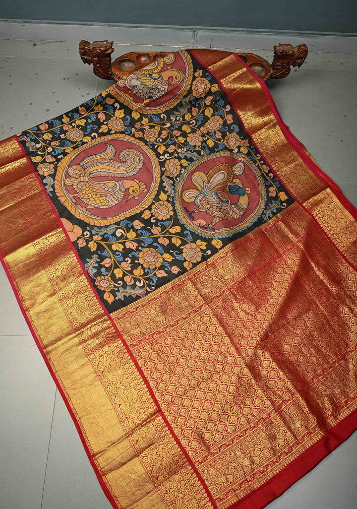 Peacock and Floral Theme : Authentic Pen Kalamkari Handpainted on Pure Kanjivaram Silk Saree with Contrast Wide Zari Border | SILK MARK CERTIFIED | SHOBITAM
