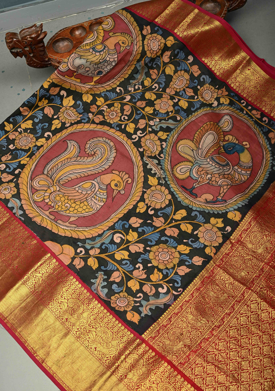 Peacock and Floral Theme : Authentic Pen Kalamkari Handpainted on Pure Kanjivaram Silk Saree with Contrast Wide Zari Border | SILK MARK CERTIFIED | SHOBITAM