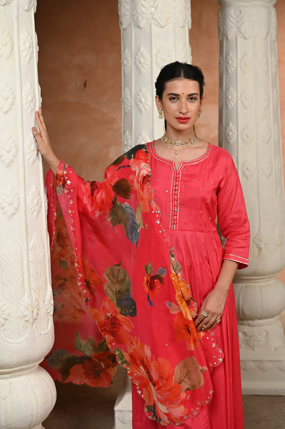 Pink Zubeidaa Muslin Anarkali Suit Set with Organza Floral Dupatta - SET OF-3 | SHOBITAM