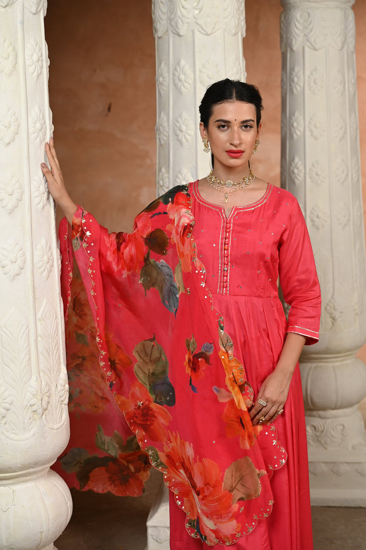 Pink Zubeidaa Muslin Anarkali Suit Set with Organza Floral Dupatta - SET OF-3 | SHOBITAM