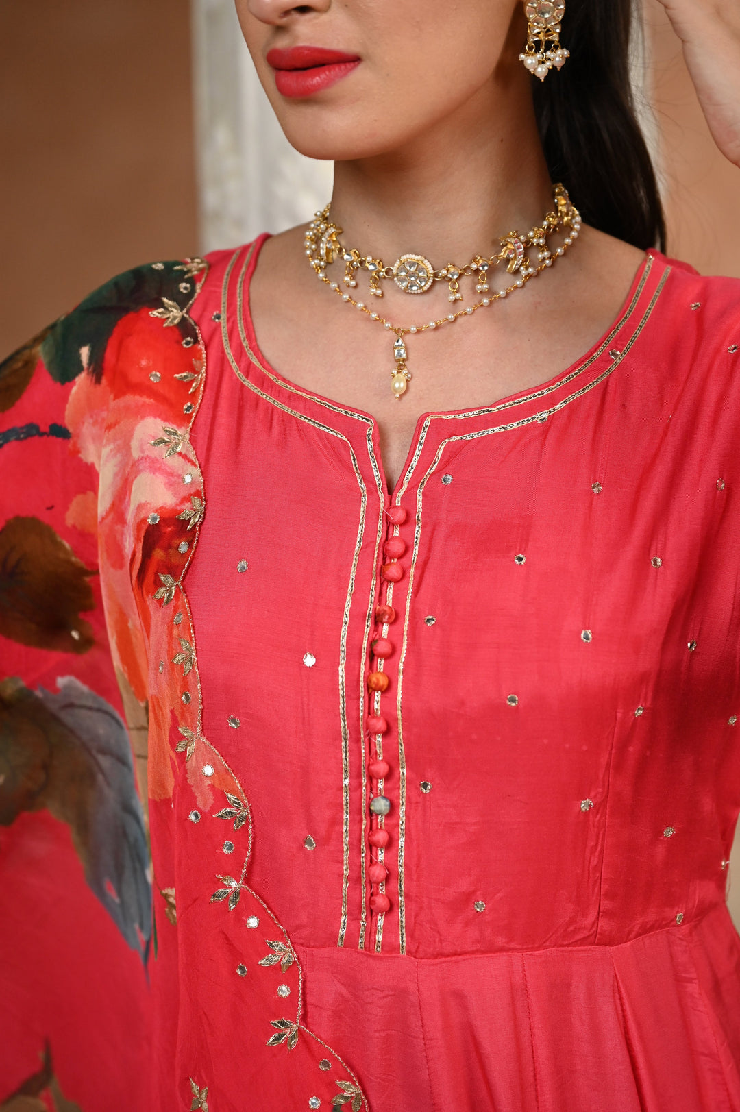 Pink Zubeidaa Muslin Anarkali Suit Set with Organza Floral Dupatta - SET OF-3 | SHOBITAM