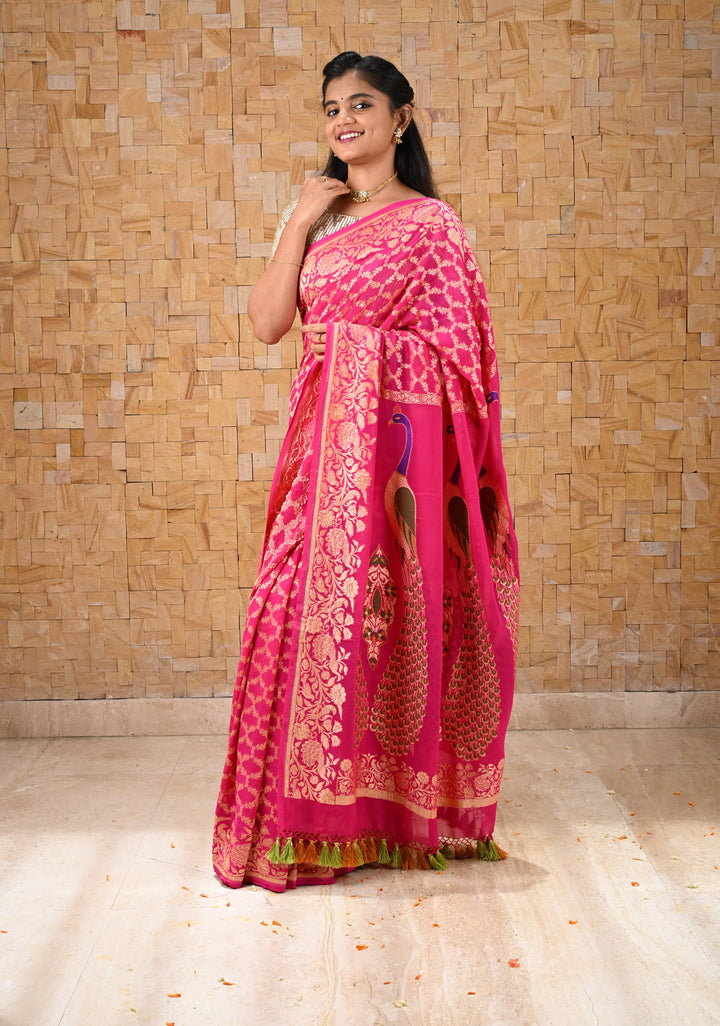 Pink Banarasi Silk Georgette Saree with Jaal Zari and Resplendent Peacock Meenakari Pallu | SILK MARK CERTIFIED
