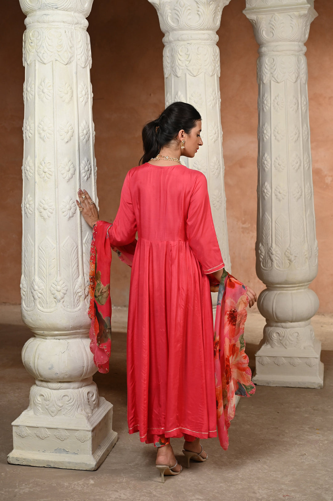 Pink Zubeidaa Muslin Anarkali Suit Set with Organza Floral Dupatta - SET OF-3 | SHOBITAM