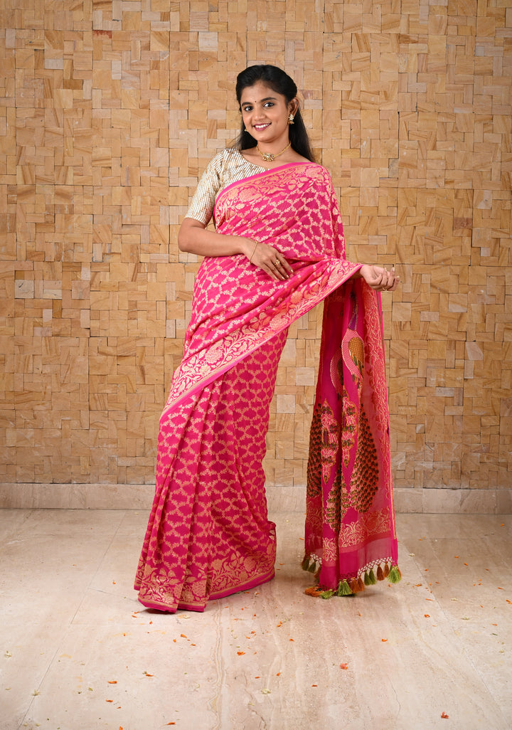 Pink Banarasi Silk Georgette Saree with Jaal Zari and Resplendent Peacock Meenakari Pallu | SILK MARK CERTIFIED