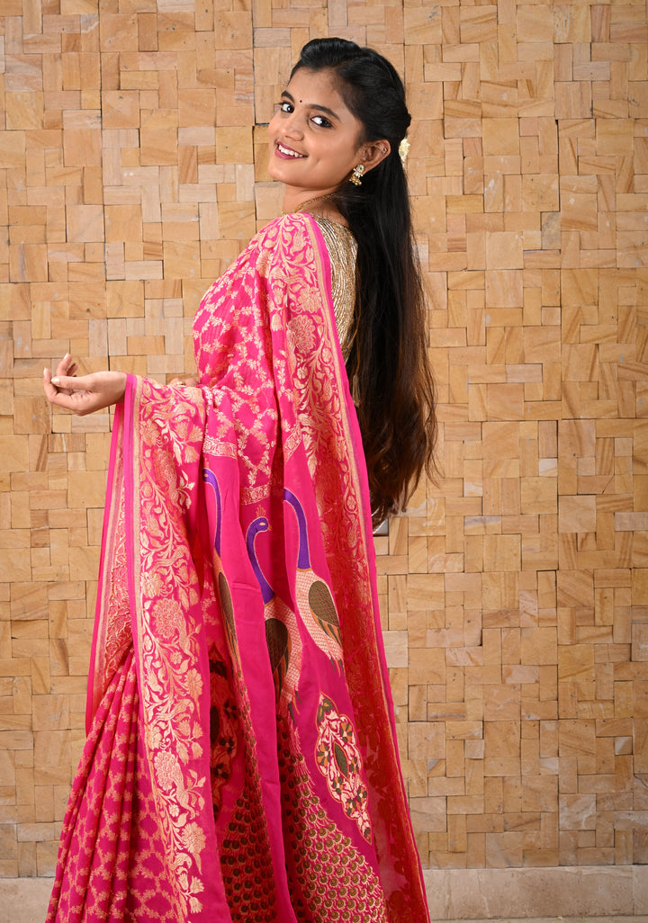 Pink Banarasi Silk Georgette Saree with Jaal Zari and Resplendent Peacock Meenakari Pallu | SILK MARK CERTIFIED